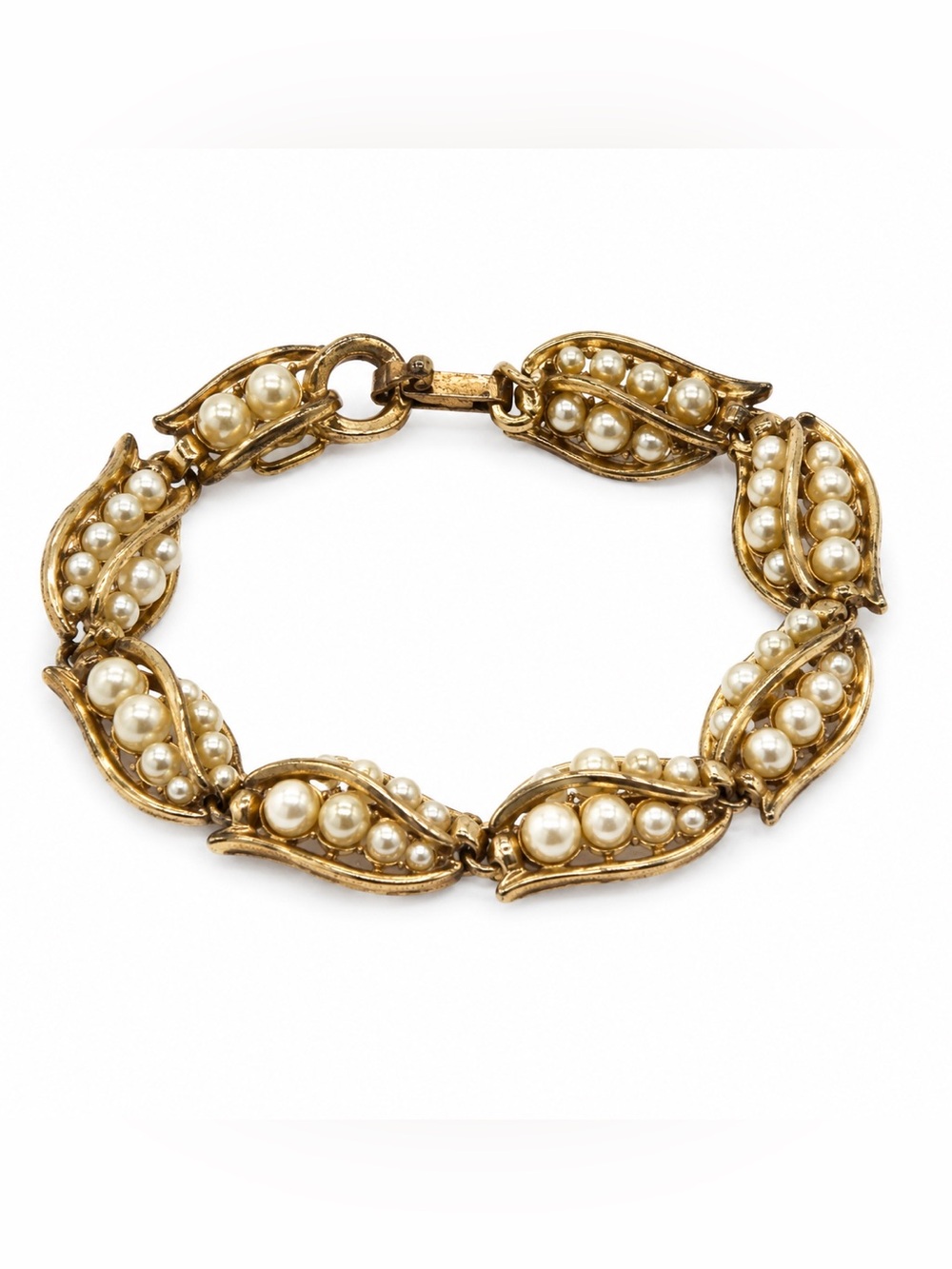 Vintage Gold Tone Faux Pearl Leaf Link Bracelet Mid Century Statement Jewelry